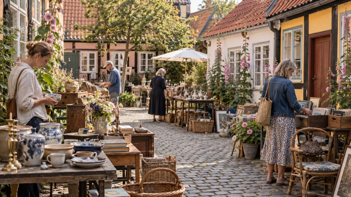 AI-skabt stemningsbillede af et loppemarked blandt bindingsværkshuse.